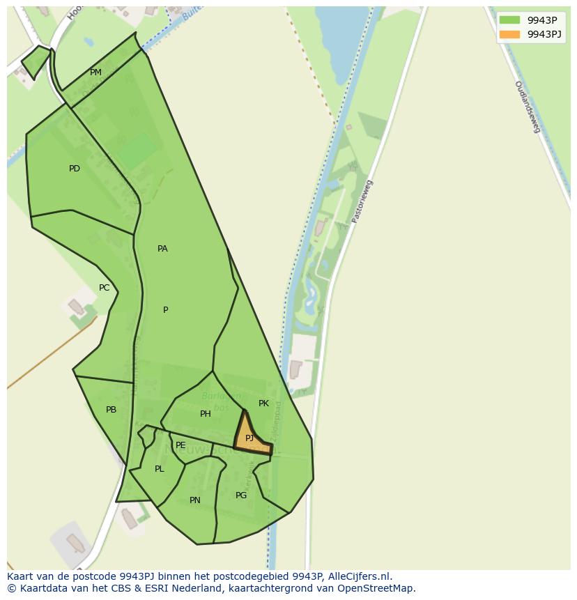 Afbeelding van het postcodegebied 9943 PJ op de kaart.