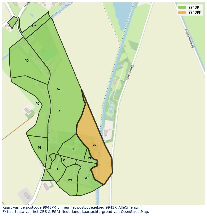 Afbeelding van het postcodegebied 9943 PK op de kaart.