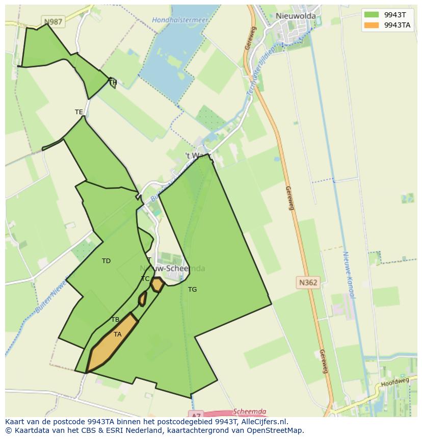 Afbeelding van het postcodegebied 9943 TA op de kaart.