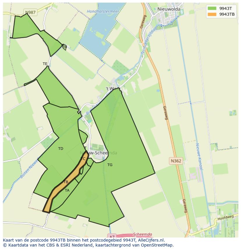 Afbeelding van het postcodegebied 9943 TB op de kaart.
