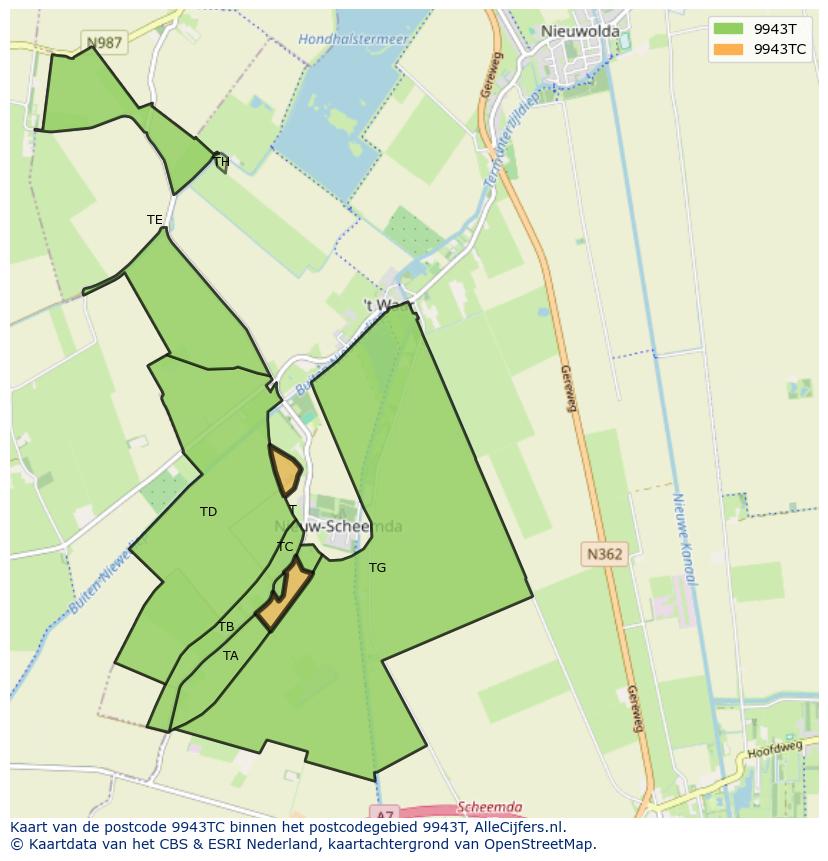 Afbeelding van het postcodegebied 9943 TC op de kaart.