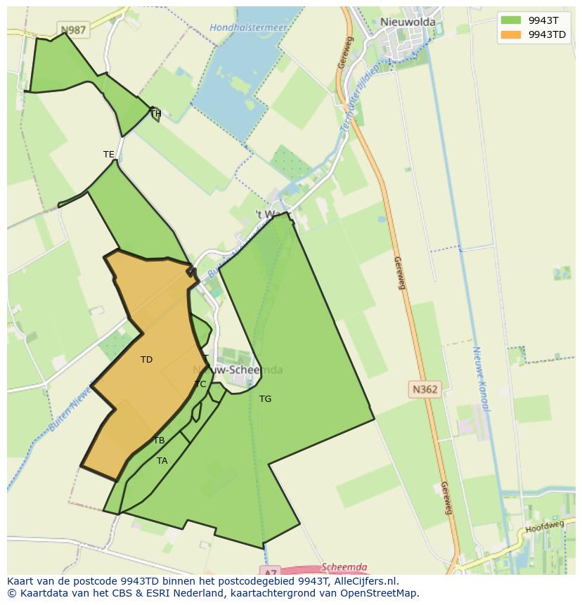 Afbeelding van het postcodegebied 9943 TD op de kaart.
