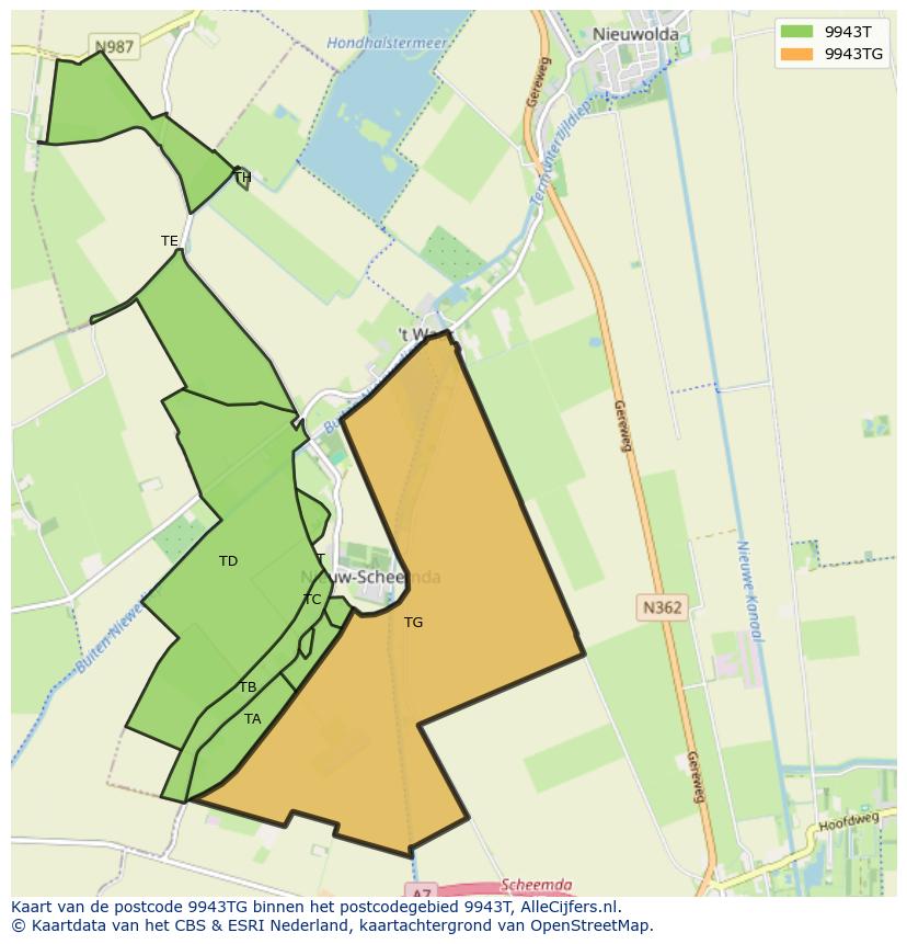 Afbeelding van het postcodegebied 9943 TG op de kaart.