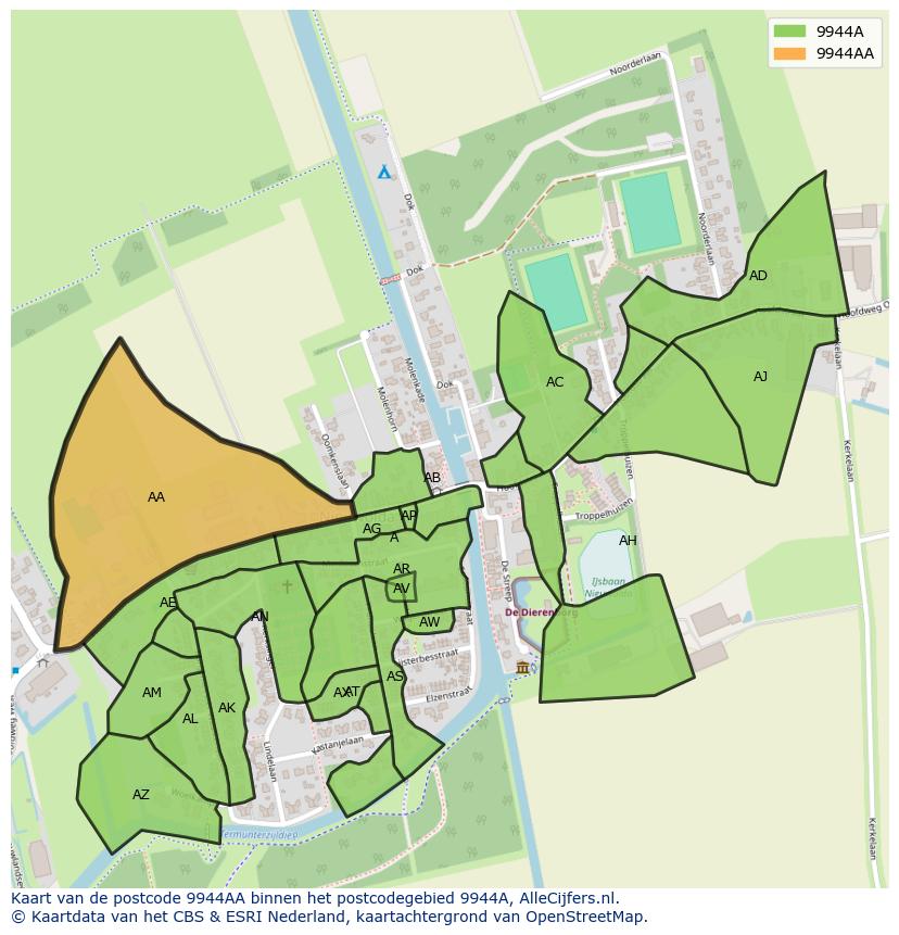 Afbeelding van het postcodegebied 9944 AA op de kaart.