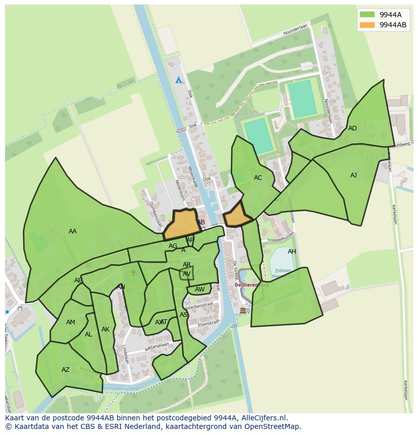 Afbeelding van het postcodegebied 9944 AB op de kaart.