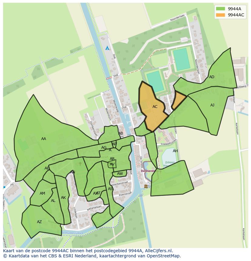 Afbeelding van het postcodegebied 9944 AC op de kaart.