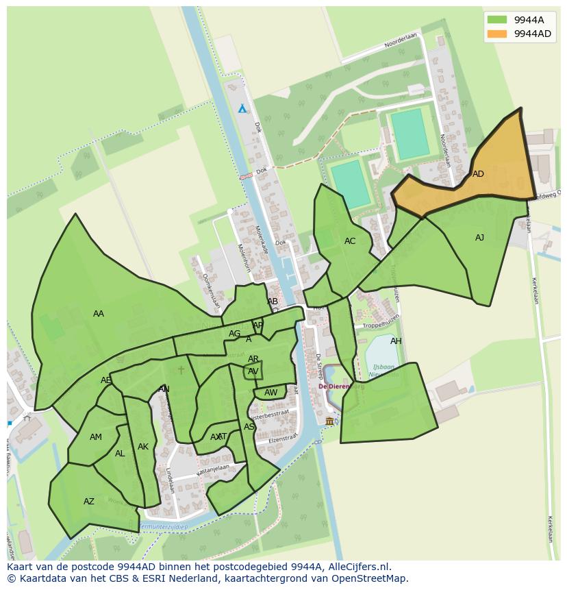 Afbeelding van het postcodegebied 9944 AD op de kaart.