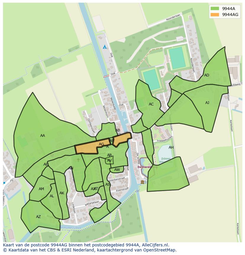 Afbeelding van het postcodegebied 9944 AG op de kaart.