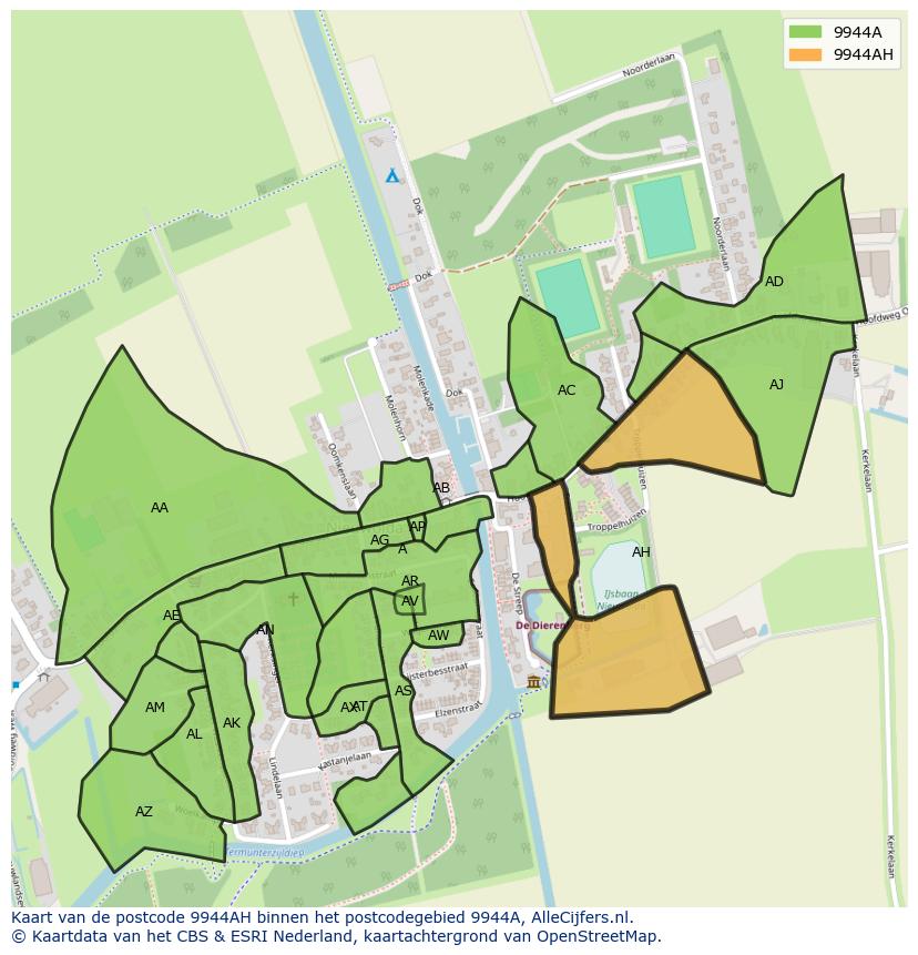 Afbeelding van het postcodegebied 9944 AH op de kaart.