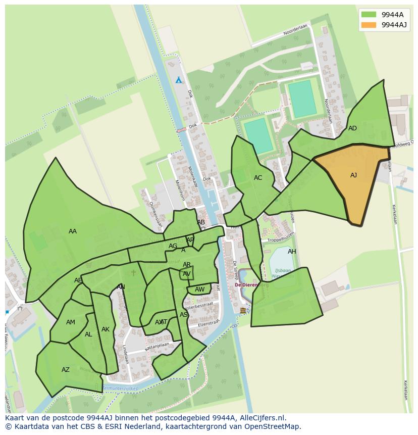 Afbeelding van het postcodegebied 9944 AJ op de kaart.