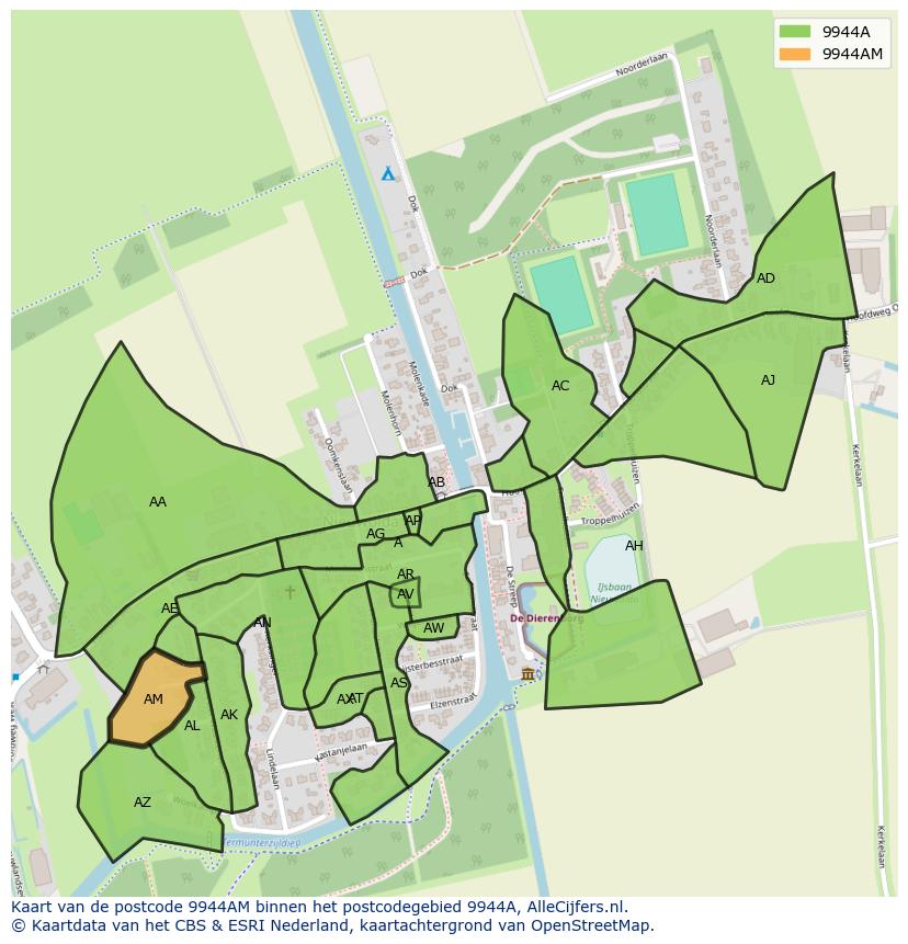 Afbeelding van het postcodegebied 9944 AM op de kaart.