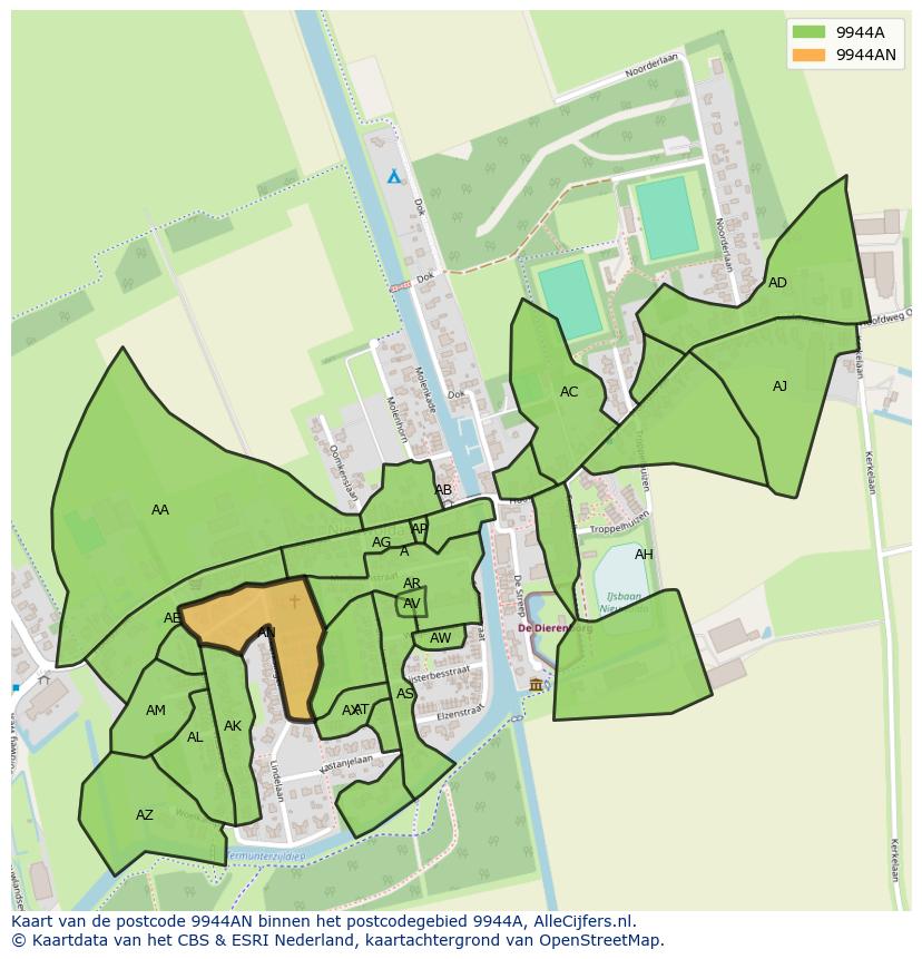 Afbeelding van het postcodegebied 9944 AN op de kaart.
