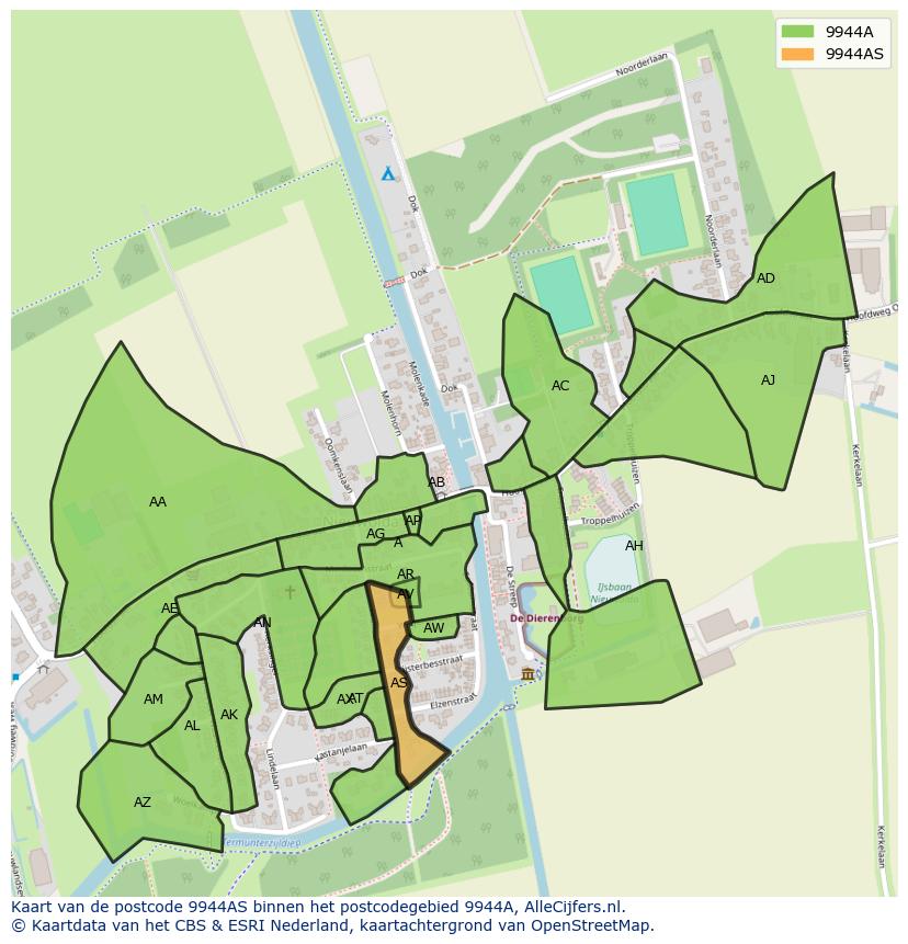 Afbeelding van het postcodegebied 9944 AS op de kaart.