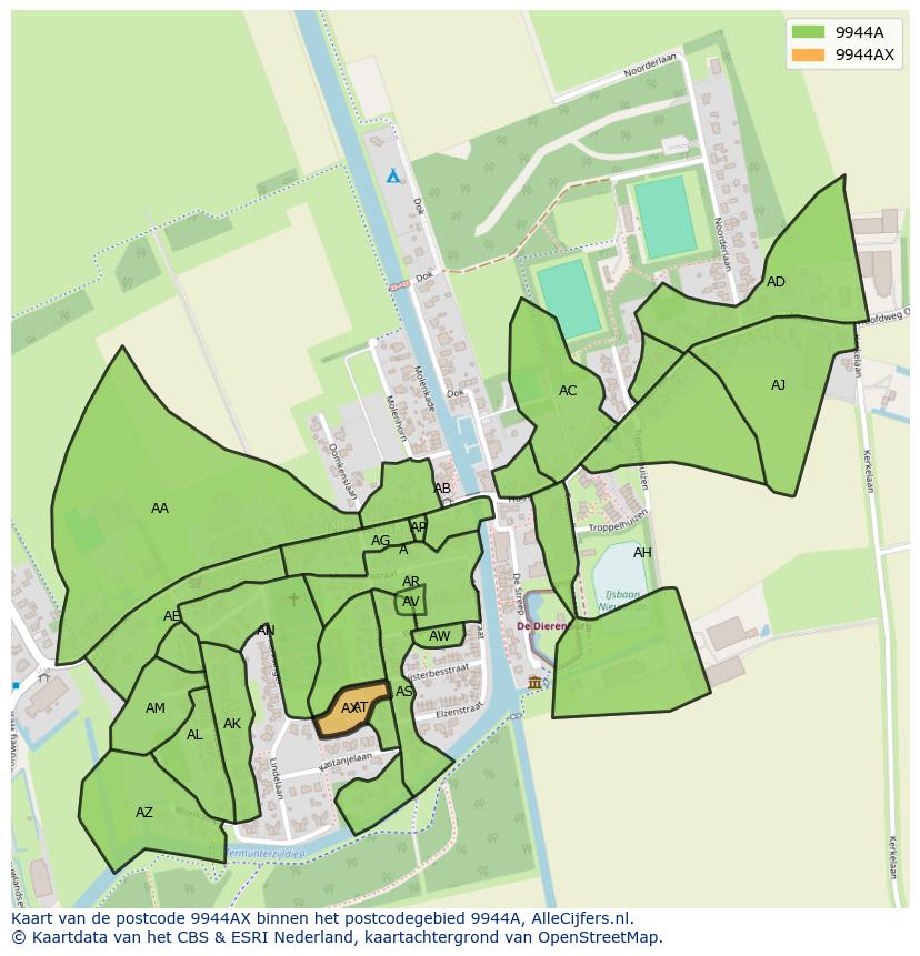 Afbeelding van het postcodegebied 9944 AX op de kaart.