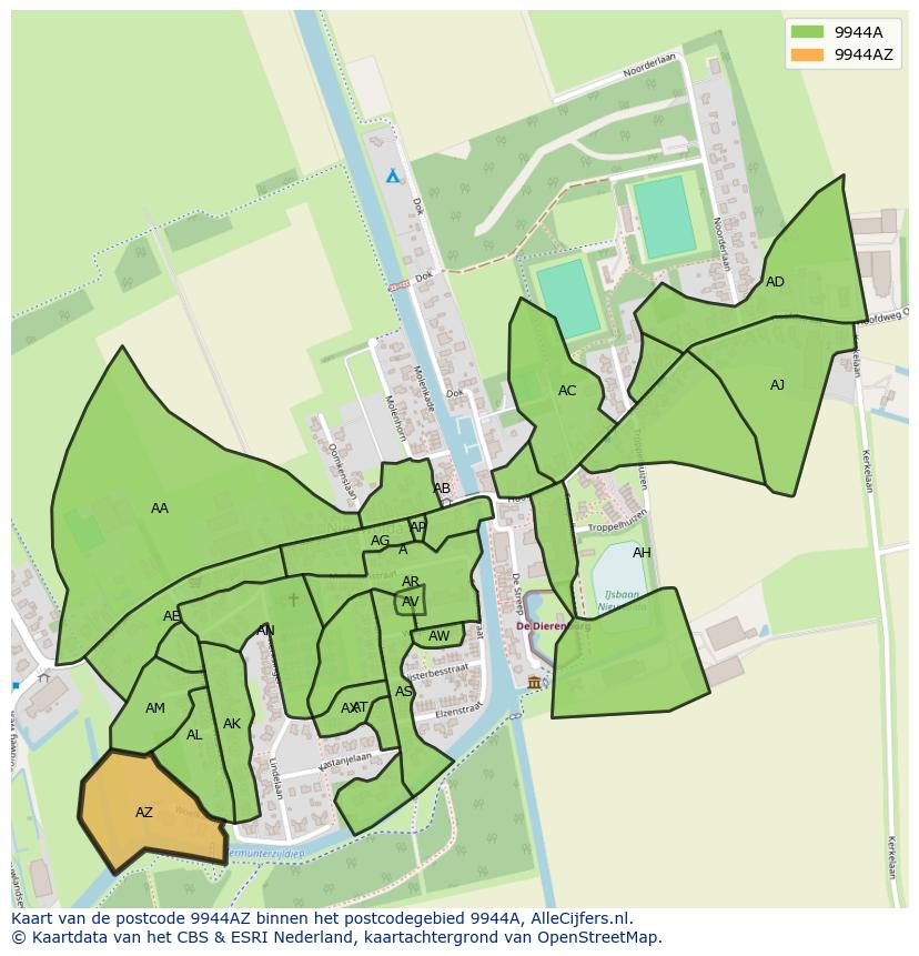 Afbeelding van het postcodegebied 9944 AZ op de kaart.