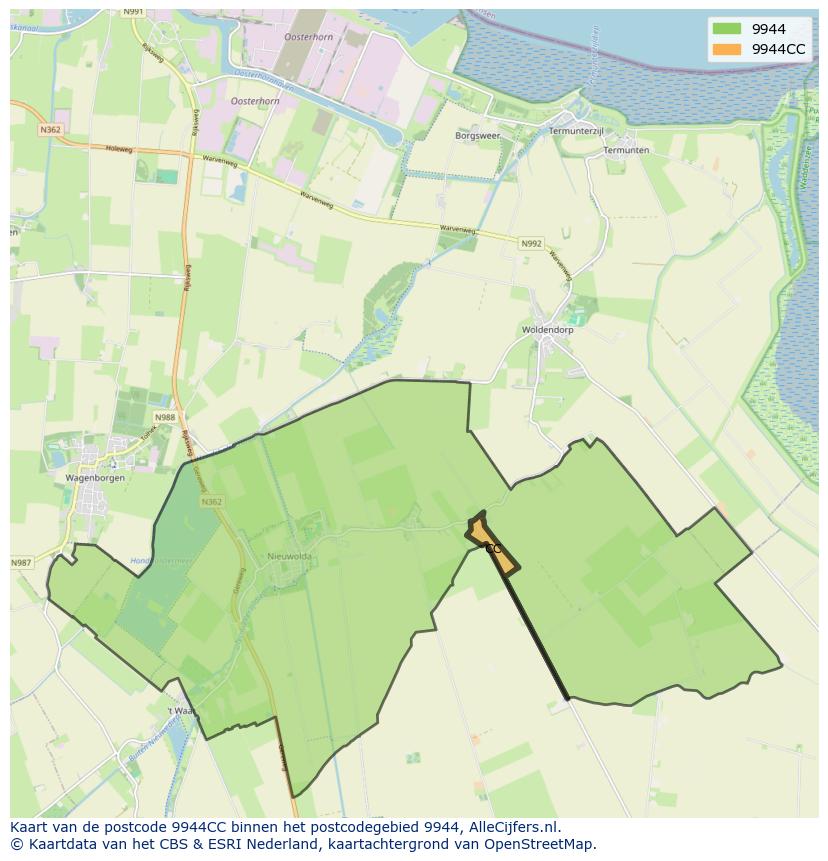 Afbeelding van het postcodegebied 9944 CC op de kaart.