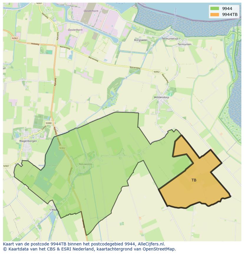 Afbeelding van het postcodegebied 9944 TB op de kaart.