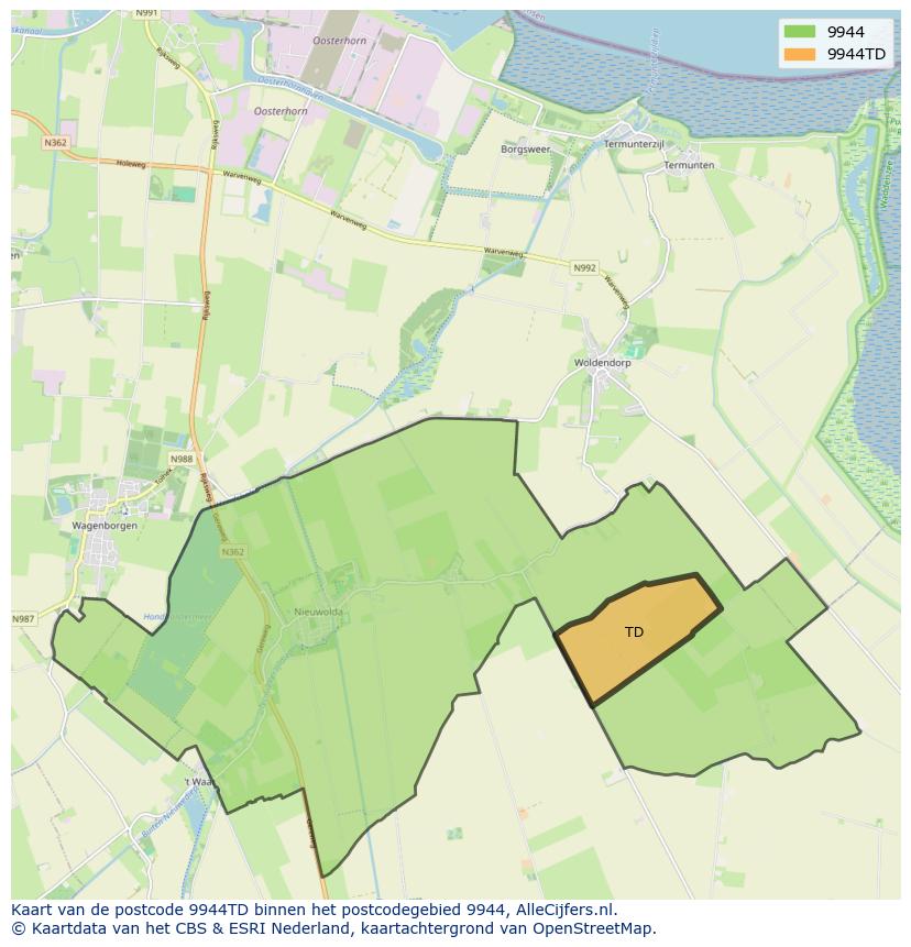 Afbeelding van het postcodegebied 9944 TD op de kaart.