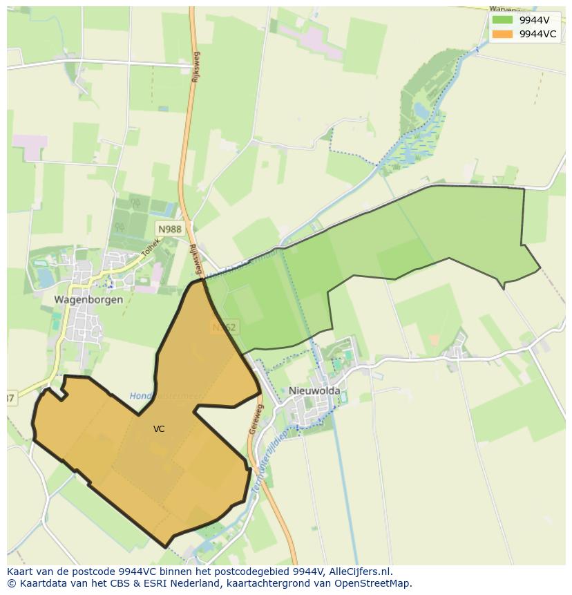 Afbeelding van het postcodegebied 9944 VC op de kaart.