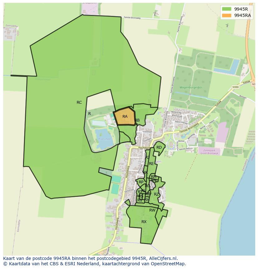 Afbeelding van het postcodegebied 9945 RA op de kaart.