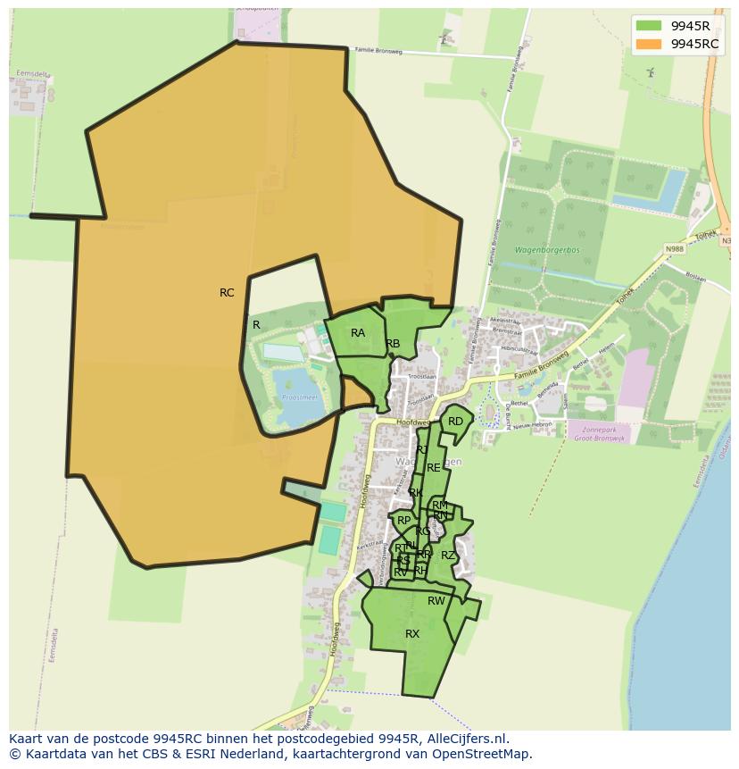 Afbeelding van het postcodegebied 9945 RC op de kaart.