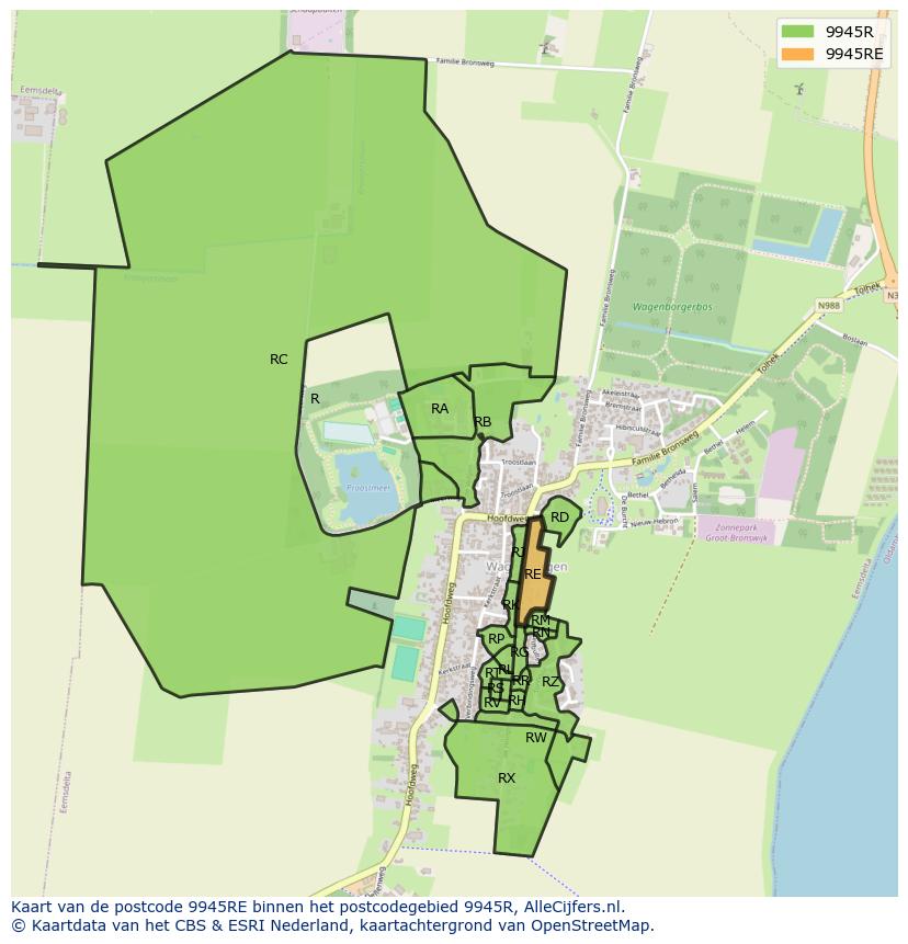 Afbeelding van het postcodegebied 9945 RE op de kaart.