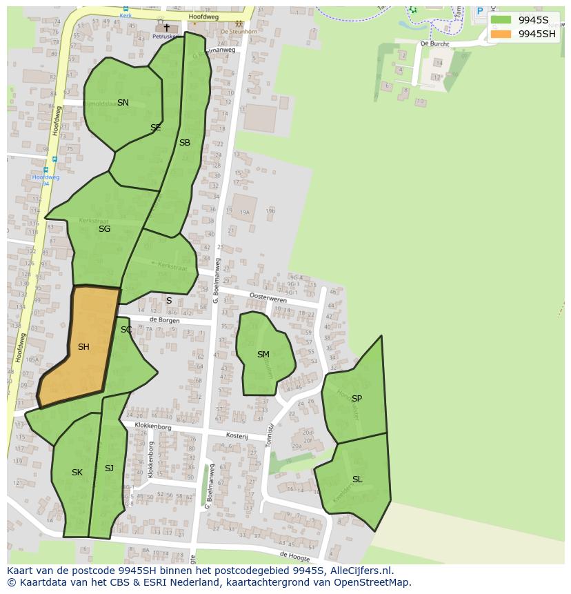 Afbeelding van het postcodegebied 9945 SH op de kaart.