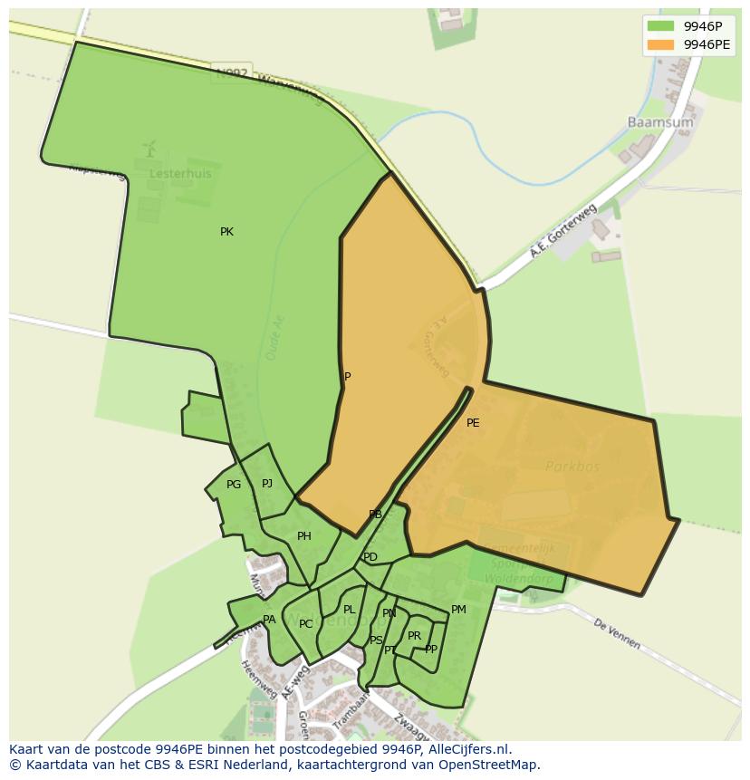 Afbeelding van het postcodegebied 9946 PE op de kaart.