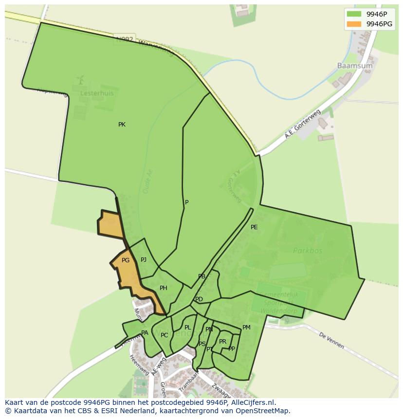 Afbeelding van het postcodegebied 9946 PG op de kaart.