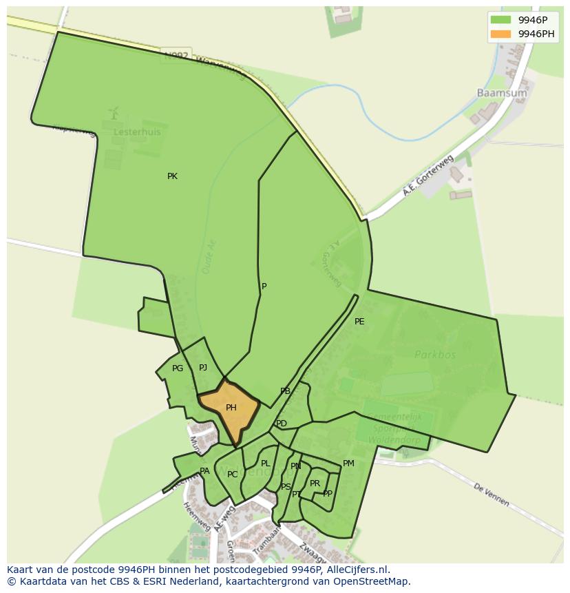 Afbeelding van het postcodegebied 9946 PH op de kaart.