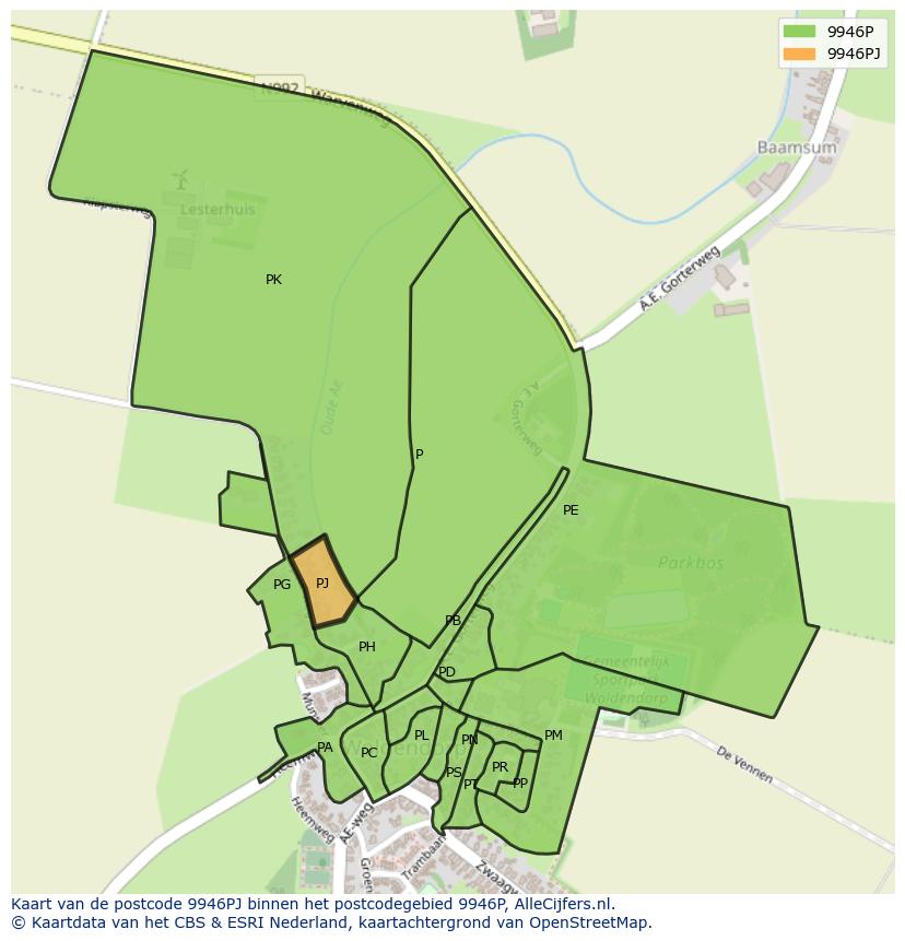 Afbeelding van het postcodegebied 9946 PJ op de kaart.