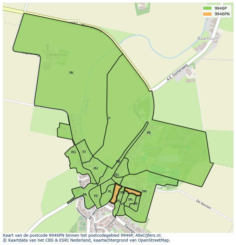 Afbeelding van het postcodegebied 9946 PN op de kaart.