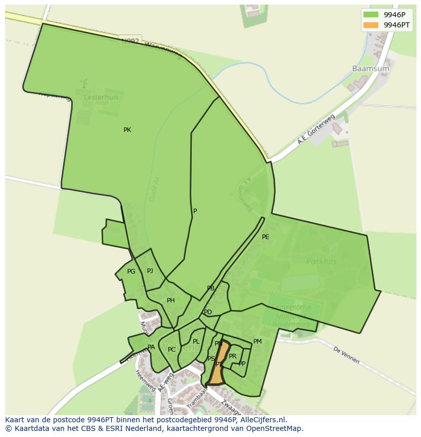 Afbeelding van het postcodegebied 9946 PT op de kaart.