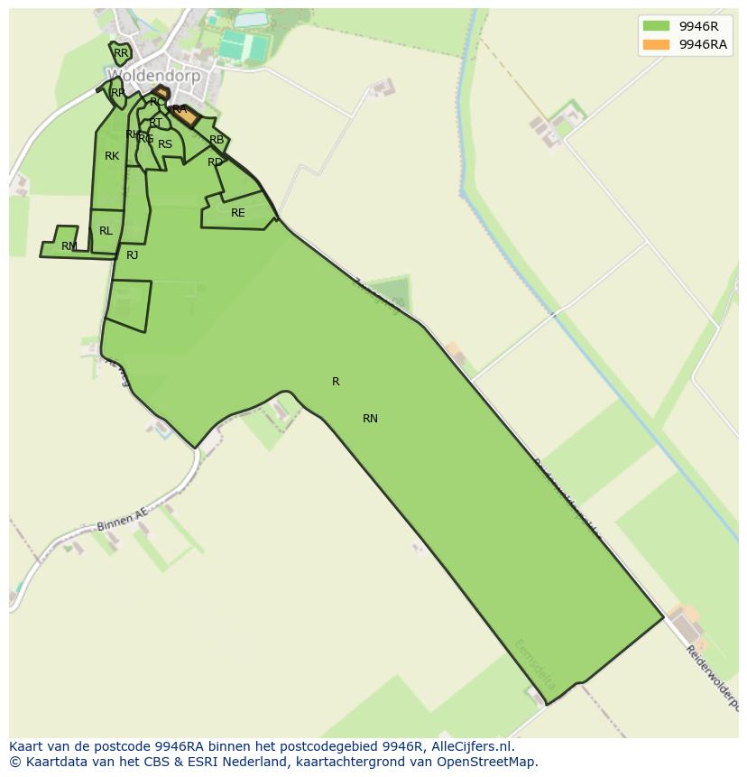 Afbeelding van het postcodegebied 9946 RA op de kaart.