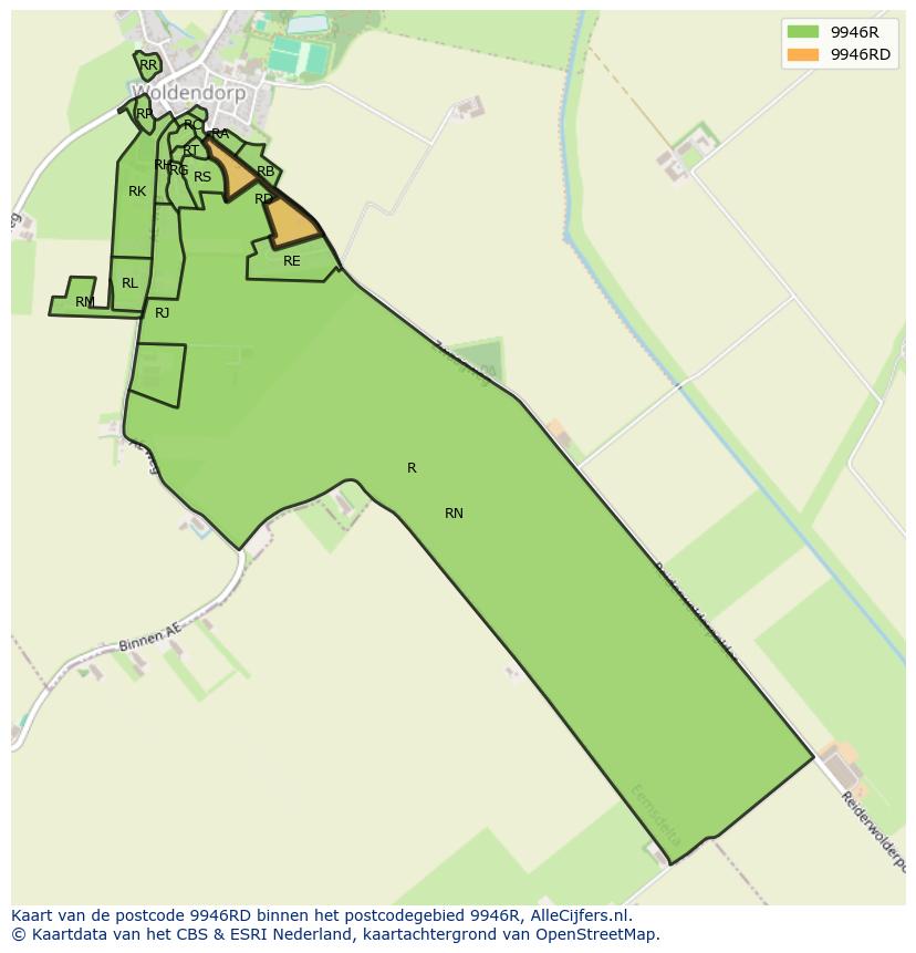 Afbeelding van het postcodegebied 9946 RD op de kaart.