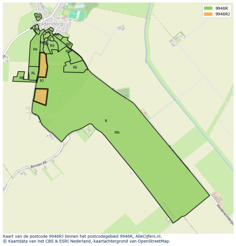 Afbeelding van het postcodegebied 9946 RJ op de kaart.