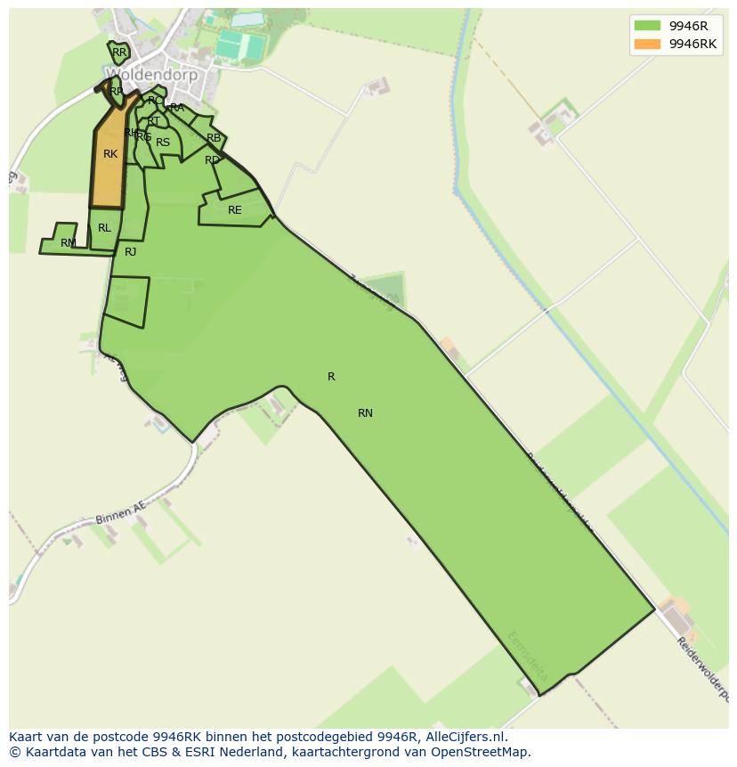 Afbeelding van het postcodegebied 9946 RK op de kaart.