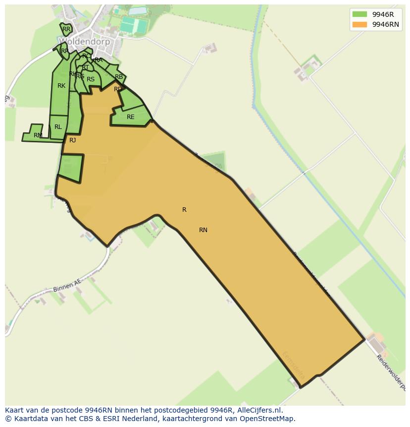 Afbeelding van het postcodegebied 9946 RN op de kaart.