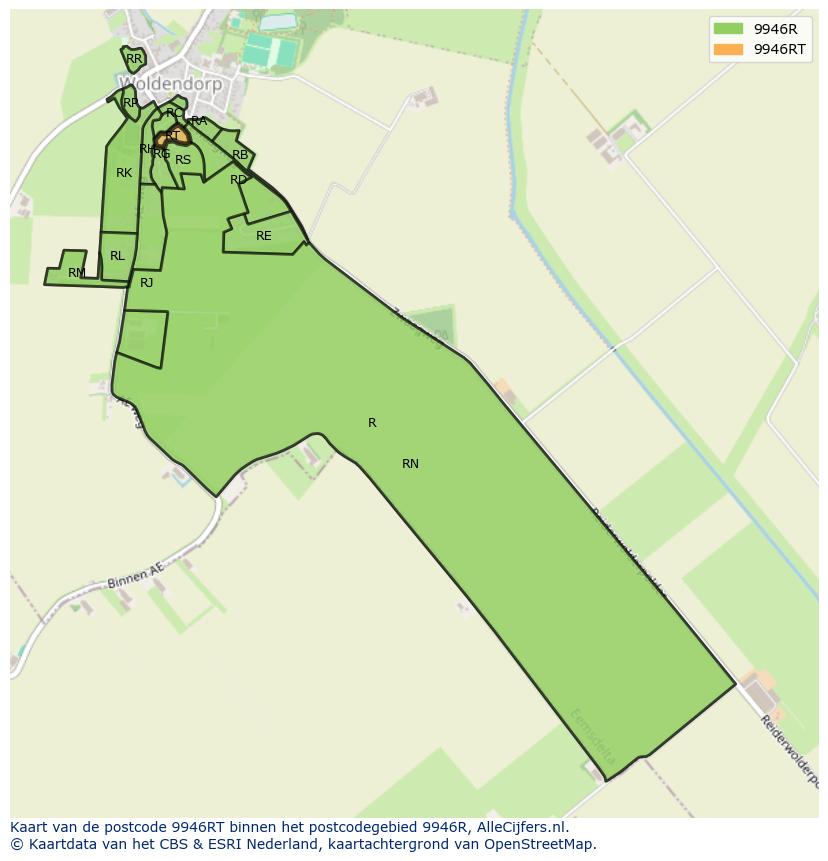 Afbeelding van het postcodegebied 9946 RT op de kaart.