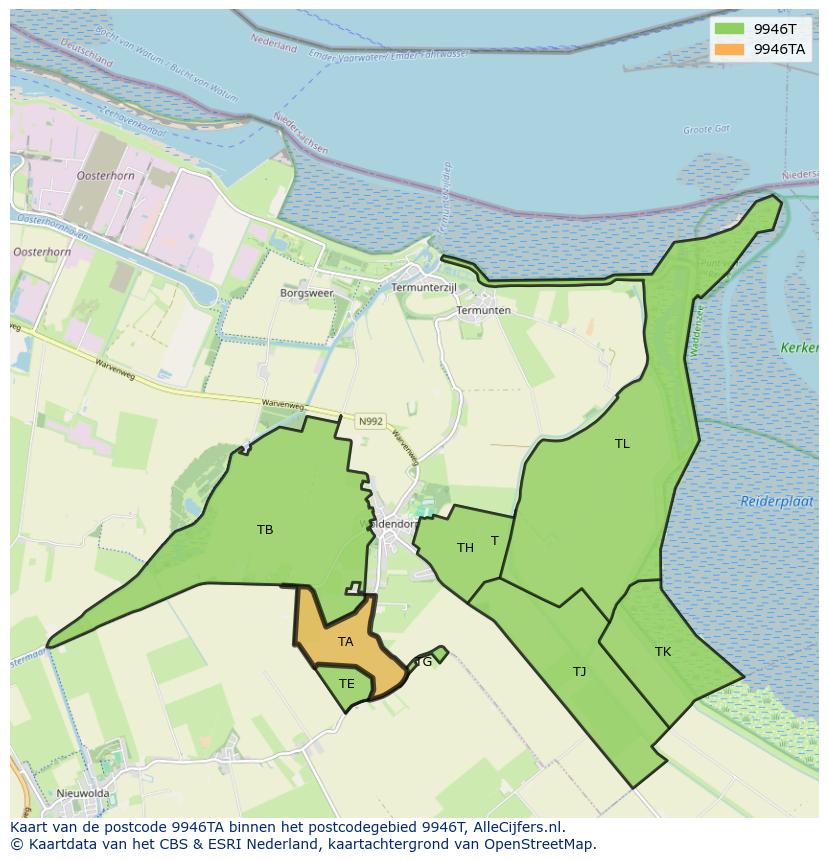 Afbeelding van het postcodegebied 9946 TA op de kaart.