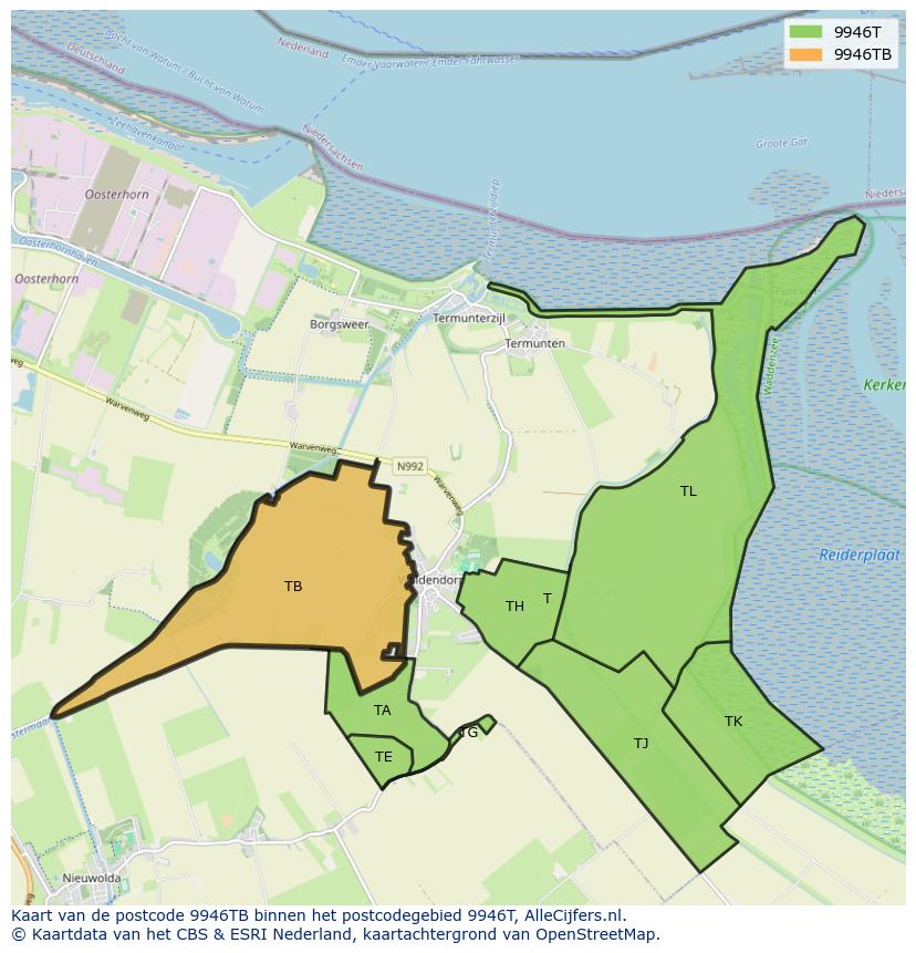 Afbeelding van het postcodegebied 9946 TB op de kaart.