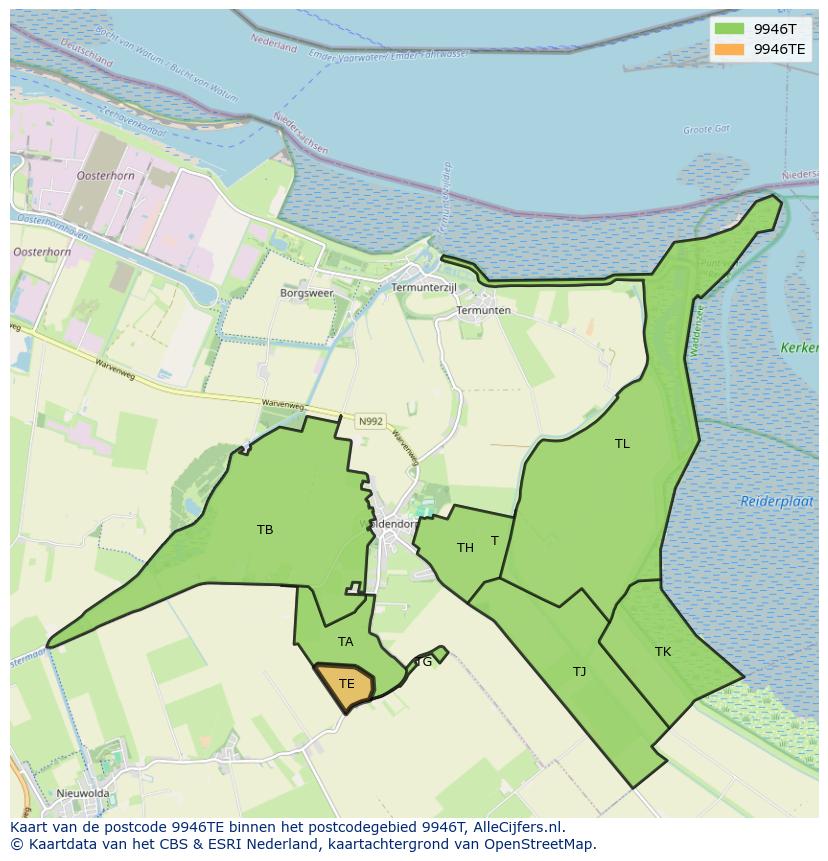 Afbeelding van het postcodegebied 9946 TE op de kaart.