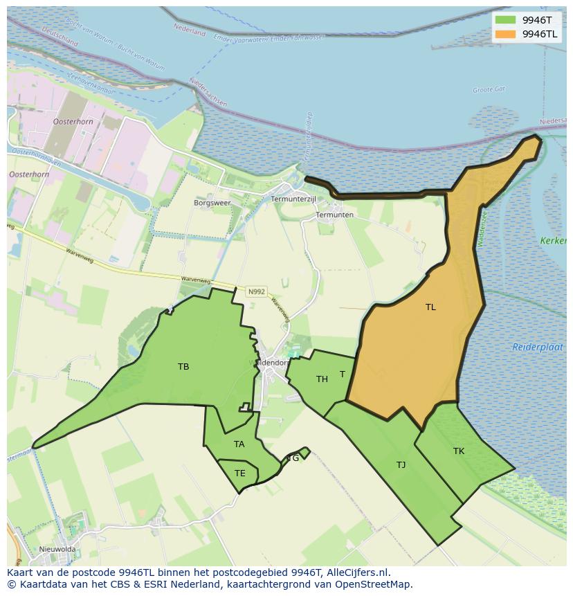 Afbeelding van het postcodegebied 9946 TL op de kaart.