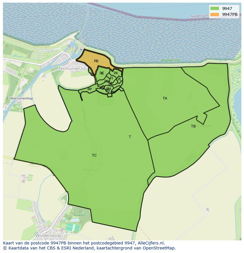 Afbeelding van het postcodegebied 9947 PB op de kaart.