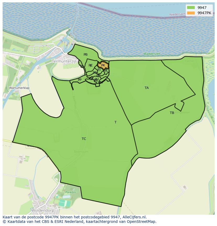 Afbeelding van het postcodegebied 9947 PK op de kaart.