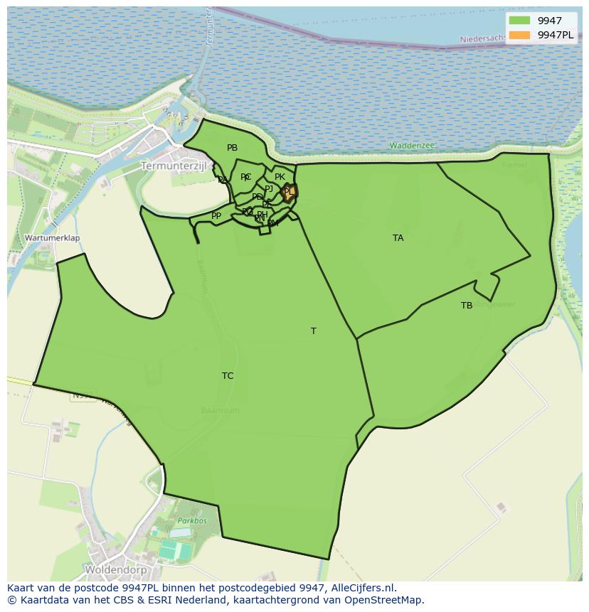 Afbeelding van het postcodegebied 9947 PL op de kaart.