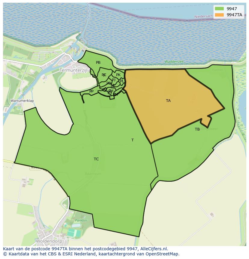 Afbeelding van het postcodegebied 9947 TA op de kaart.