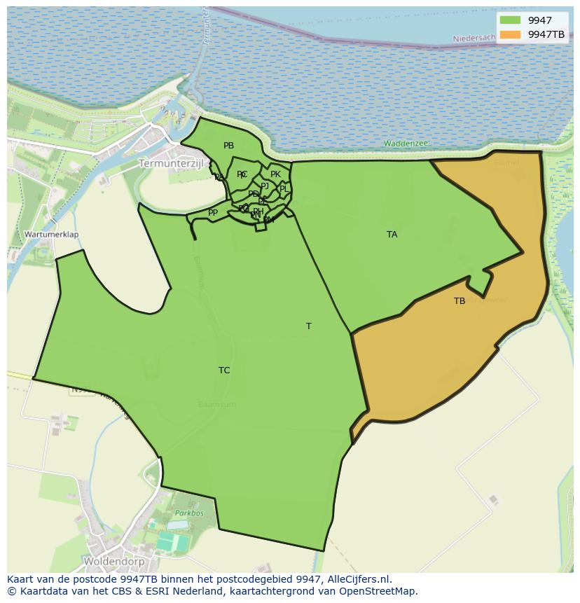 Afbeelding van het postcodegebied 9947 TB op de kaart.