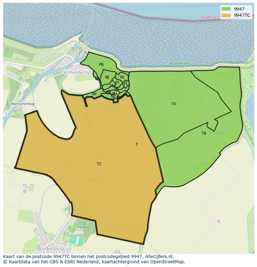 Afbeelding van het postcodegebied 9947 TC op de kaart.