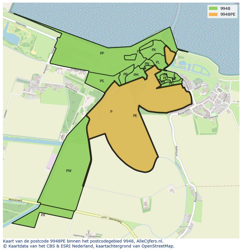 Afbeelding van het postcodegebied 9948 PE op de kaart.